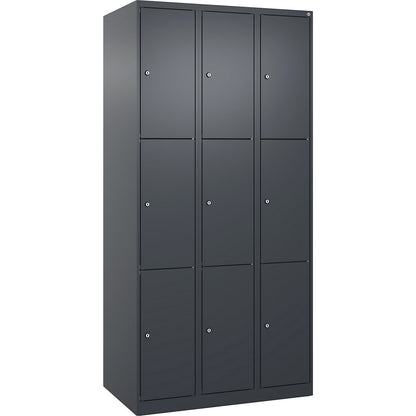 Evolo PLUS 3-fold compartment locker, 3 compartments, grey, W 900 mm, 9 compartments, with floor glides, cylinder lock.