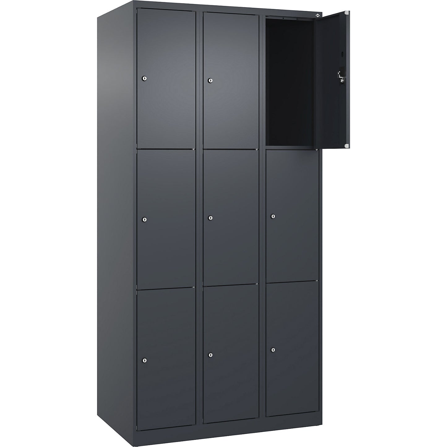 Evolo PLUS 3-fold compartment locker, 3 compartments, grey, W 900 mm, 9 compartments, with floor glides, cylinder lock.