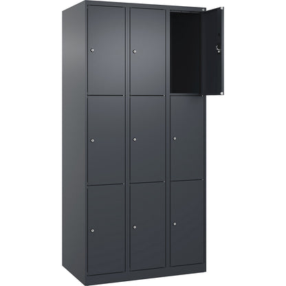 Evolo PLUS 3-fold compartment locker, 3 compartments, grey, W 900 mm, 9 compartments, with floor glides, cylinder lock.