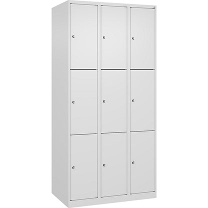 Evolo PLUS 3-fold compartment locker, 3 compartments, white, W 900 mm, 9 compartments, with floor glides, cylinder lock.