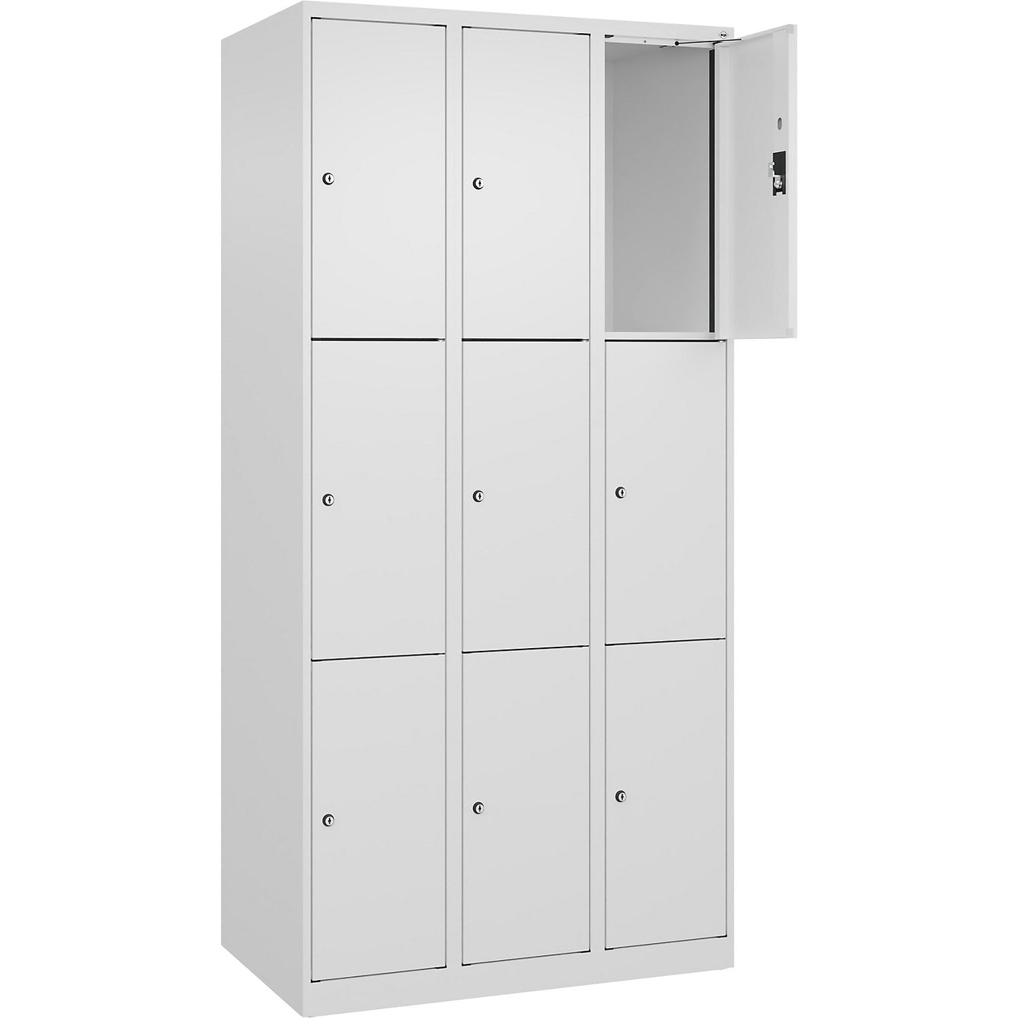 Evolo PLUS 3-fold compartment locker, 3 compartments, white, W 900 mm, 9 compartments, with floor glides, cylinder lock.