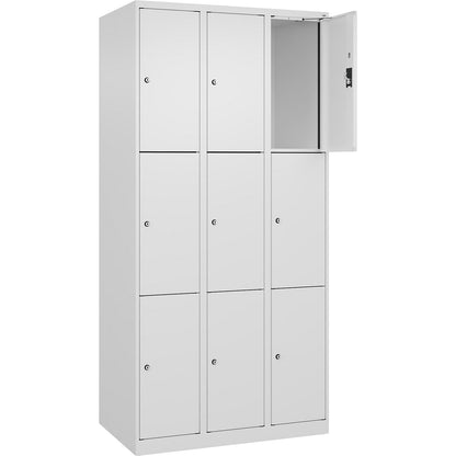 Evolo PLUS 3-fold compartment locker, 3 compartments, white, W 900 mm, 9 compartments, with floor glides, cylinder lock.
