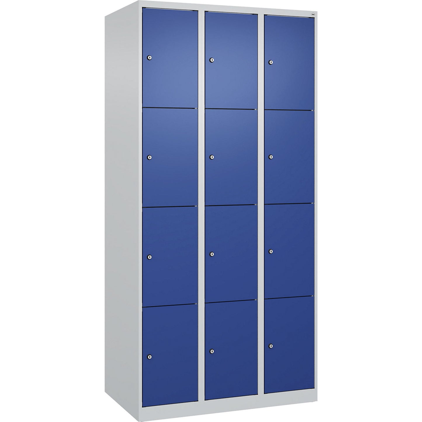 Evolo PLUS 4-fold compartment locker, 3 compartments, light grey / gentian blue, W 900 mm, 12 compartments, with floor glides, cylinder lock.