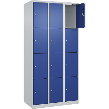 Evolo PLUS 4-fold compartment locker, 3 compartments, light grey / gentian blue, W 900 mm, 12 compartments, with floor glides, cylinder lock.