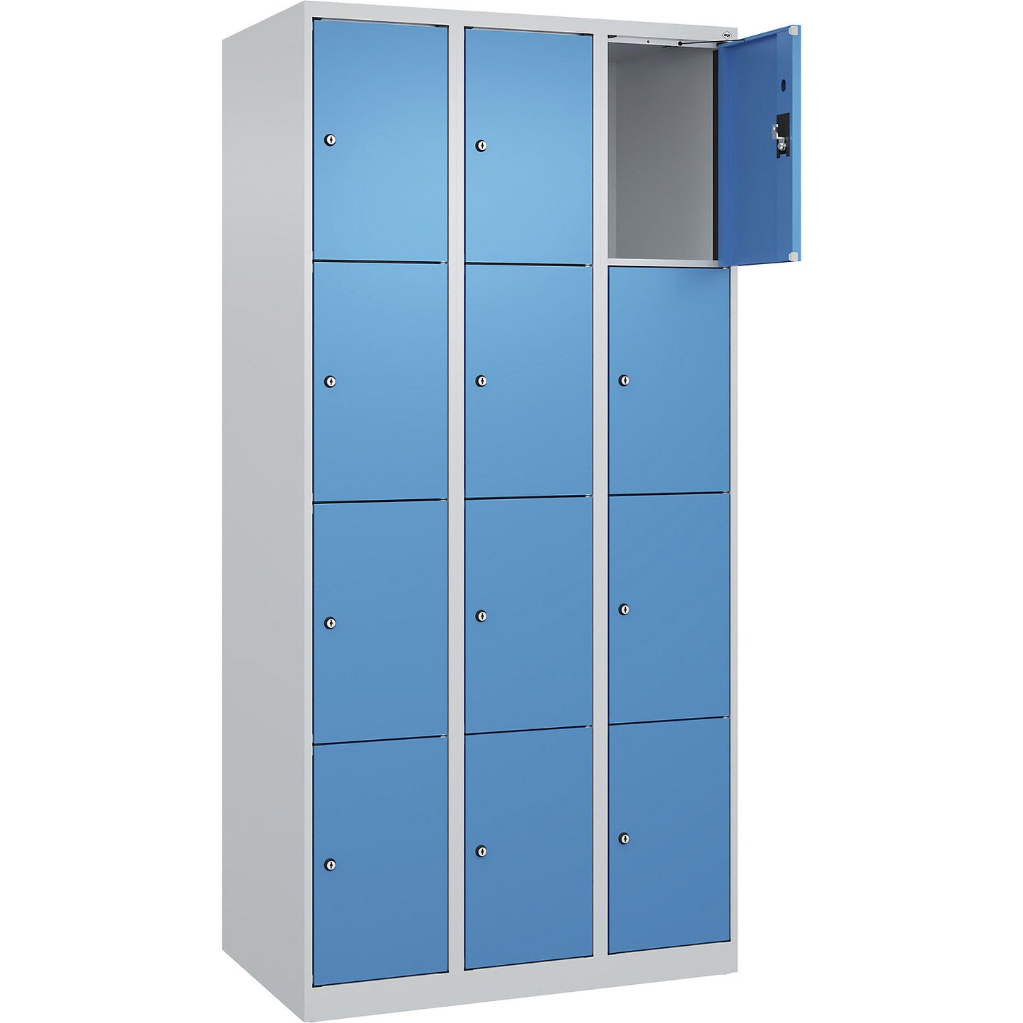 Evolo PLUS 4-fold compartment locker, 3 compartments, light grey / light blue, W 900 mm, 12 compartments, with floor glides, cylinder lock.