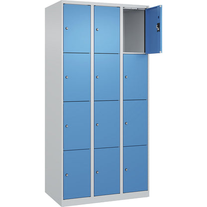 Evolo PLUS 4-fold compartment locker, 3 compartments, light grey / light blue, W 900 mm, 12 compartments, with floor glides, cylinder lock.