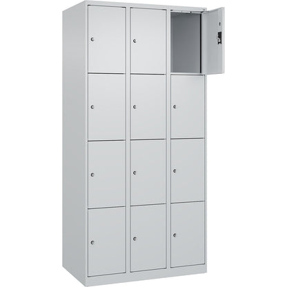 Evolo PLUS 4-fold compartment locker, 3 compartments, light grey, W 900 mm, 12 compartments, with floor glides, cylinder lock.