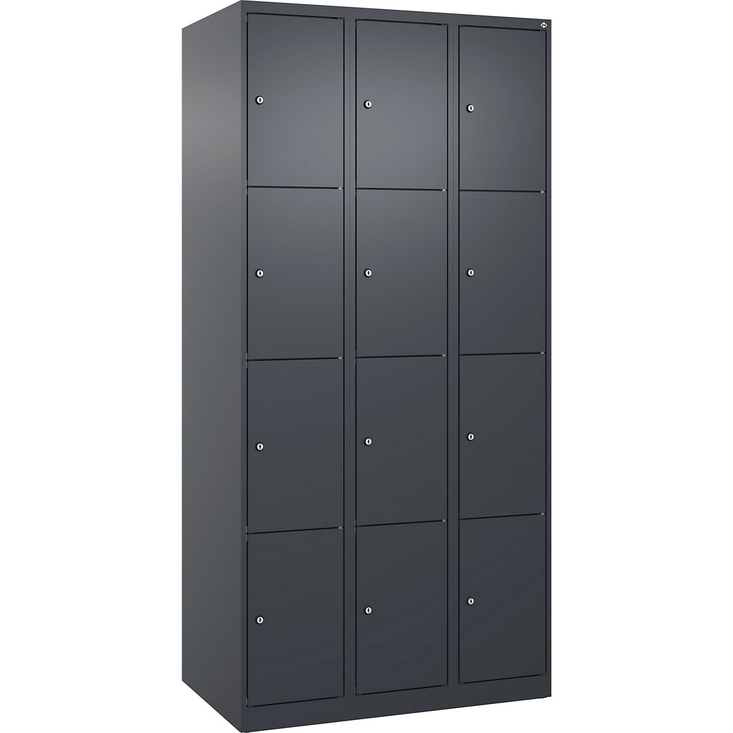 Evolo PLUS 4-fold compartment locker, 3 compartments, grey, W 900 mm, 12 compartments, with floor glides, cylinder lock.
