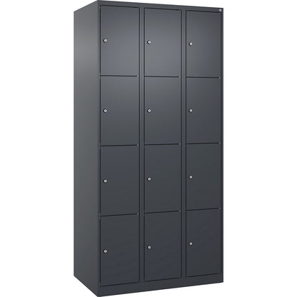 Evolo PLUS 4-fold compartment locker, 3 compartments, grey, W 900 mm, 12 compartments, with floor glides, cylinder lock.