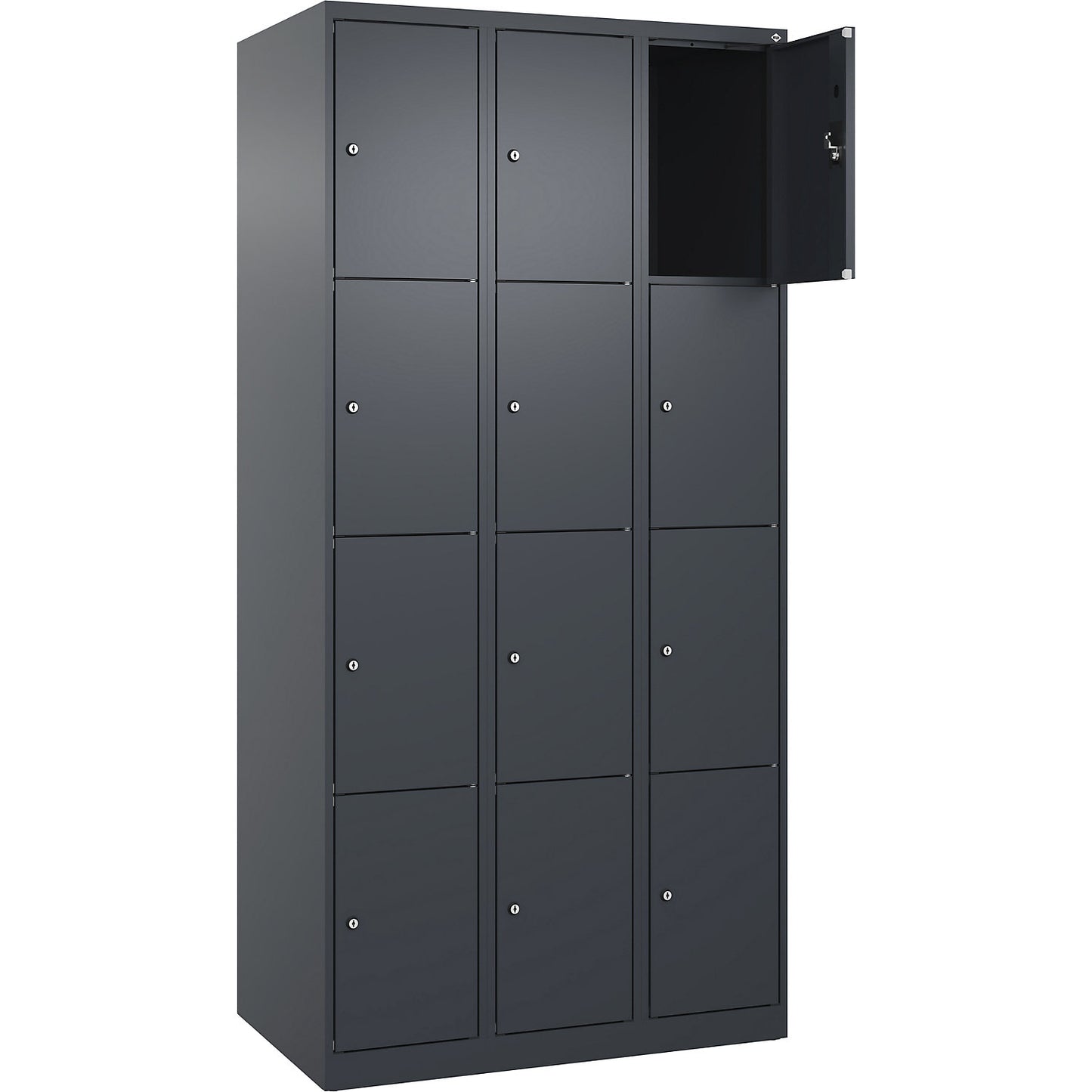 Evolo PLUS 4-fold compartment locker, 3 compartments, grey, W 900 mm, 12 compartments, with floor glides, cylinder lock.