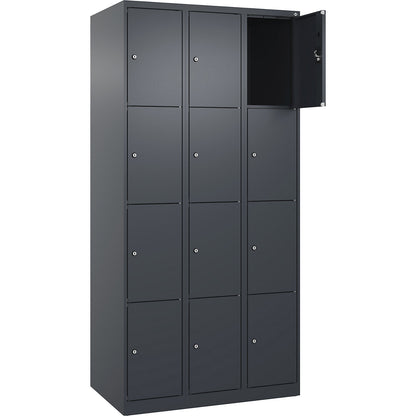 Evolo PLUS 4-fold compartment locker, 3 compartments, grey, W 900 mm, 12 compartments, with floor glides, cylinder lock.