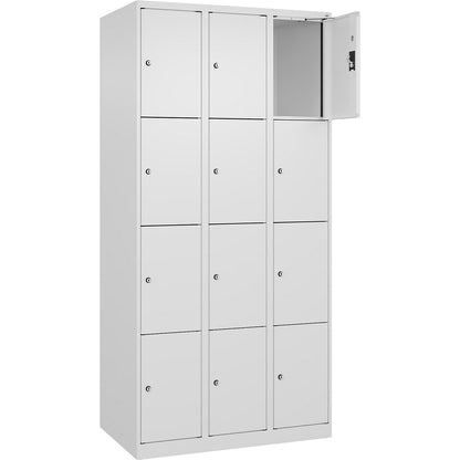 Evolo PLUS 4-fold compartment locker, 3 compartments, white, W 900 mm, 12 compartments, with floor glides, cylinder lock.