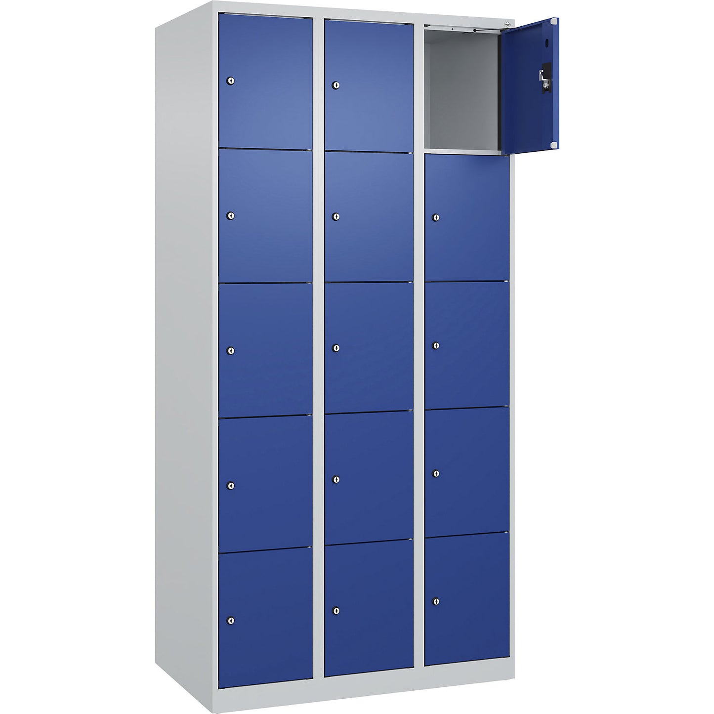 Evolo PLUS 5-fold compartment locker, 3 compartments, light grey / gentian blue, W 900 mm, 15 compartments, with floor glides, cylinder lock.