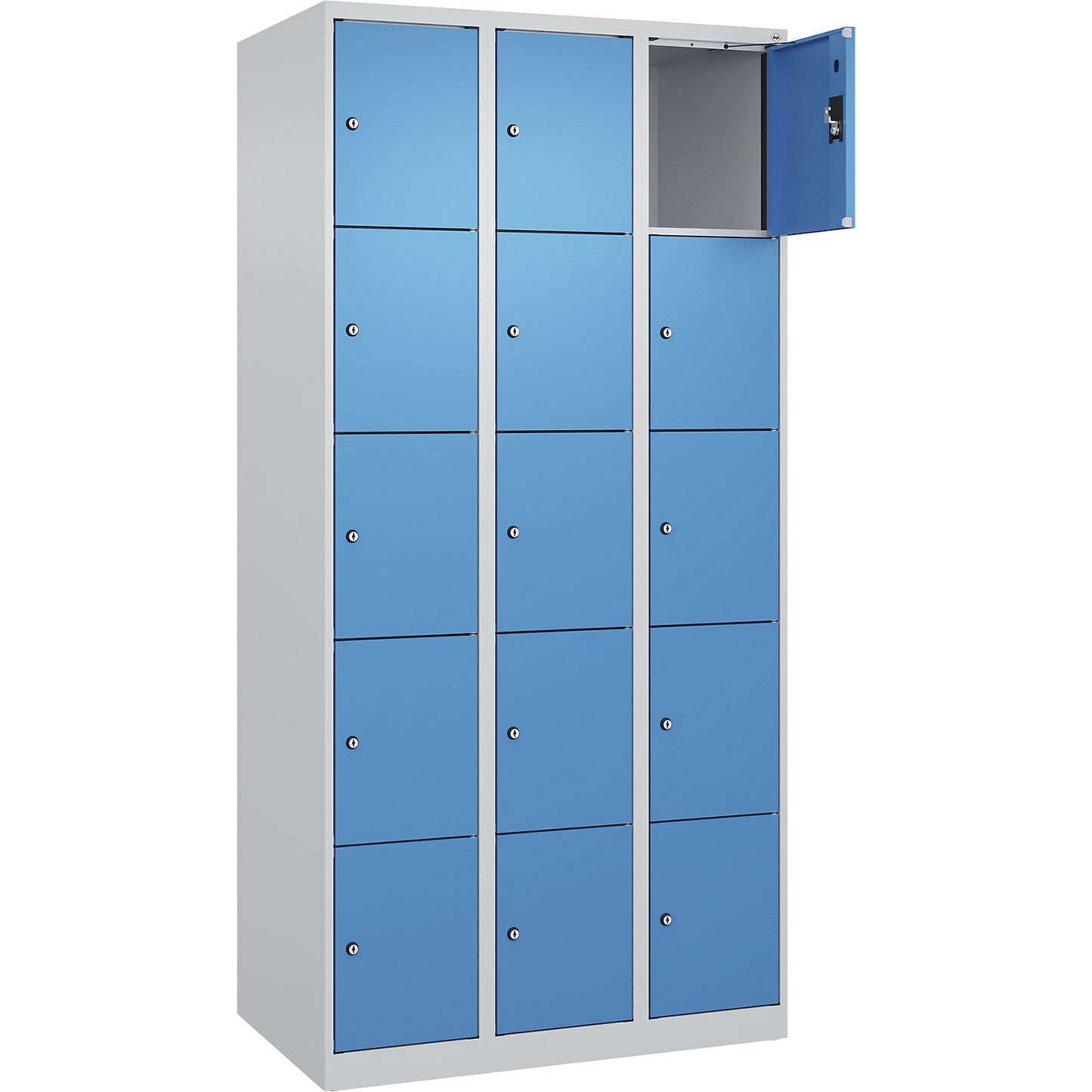 Evolo PLUS 5-fold compartment locker, 3 compartments, light grey / light blue, W 900 mm, 15 compartments, with floor glides, cylinder lock.