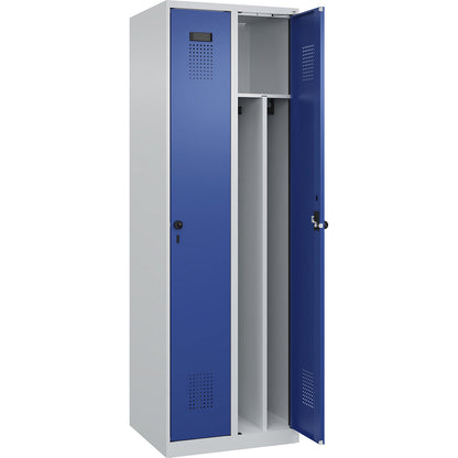 Evolo PLUS clean and dirty clothes locker, narrow, 2 compartments, shortened centre divider, light grey / gentian blue, W 600 mm, with floor glides, security rotary bolt.