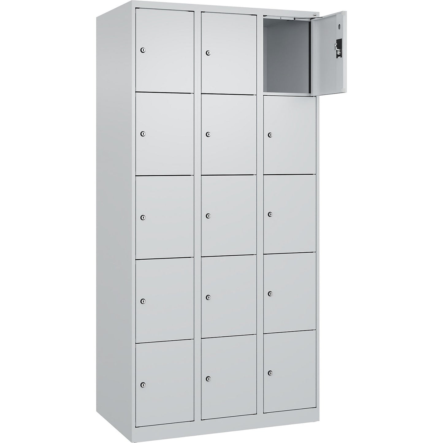 Evolo PLUS 5-fold compartment locker, 3 compartments, light grey, W 900 mm, 15 compartments, with floor glides, cylinder lock.