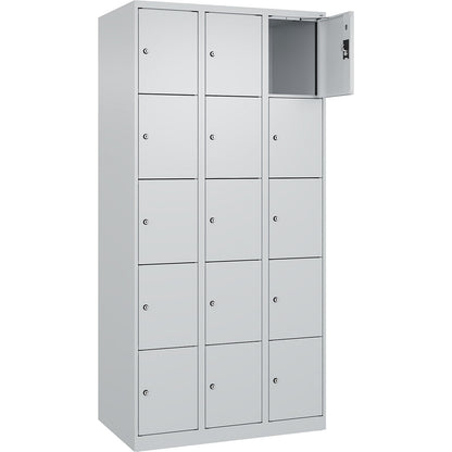 Evolo PLUS 5-fold compartment locker, 3 compartments, light grey, W 900 mm, 15 compartments, with floor glides, cylinder lock.