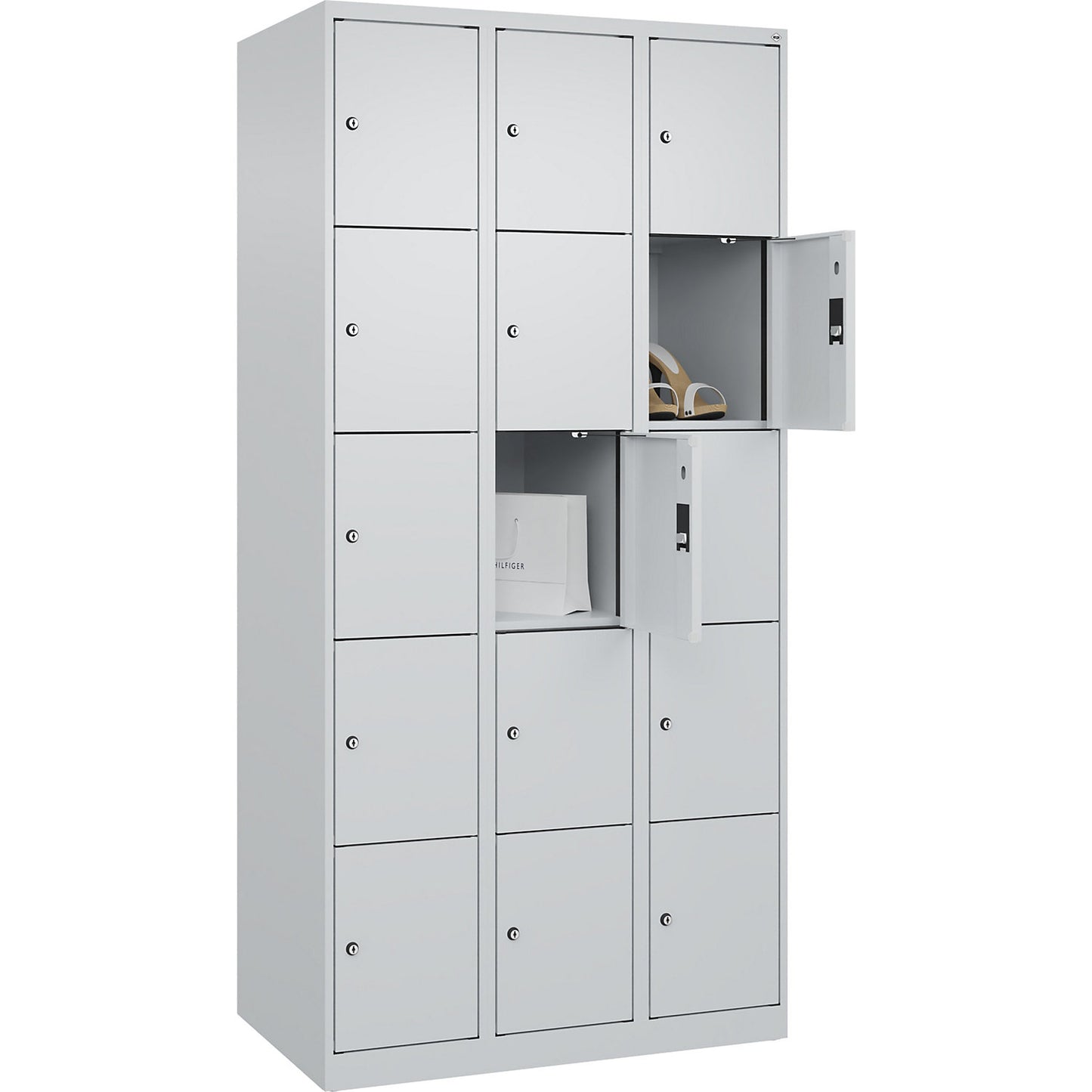 Evolo PLUS 5-fold compartment locker, 3 compartments, light grey, W 900 mm, 15 compartments, with floor glides, cylinder lock.