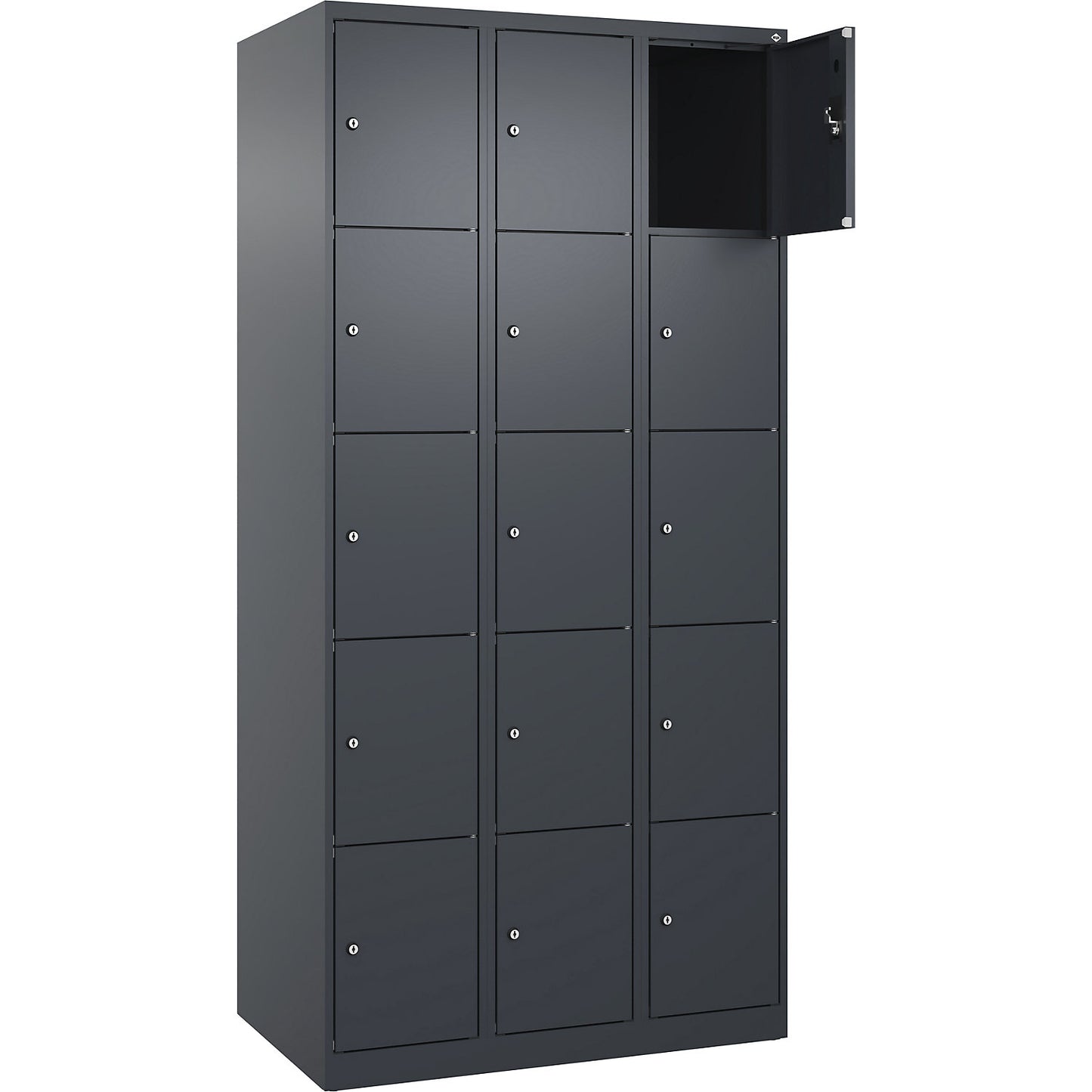 Evolo PLUS 5-fold compartment locker, 3 compartments, grey, W 900 mm, 15 compartments, with floor glides, cylinder lock.
