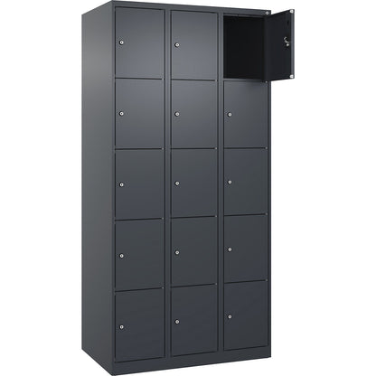 Evolo PLUS 5-fold compartment locker, 3 compartments, grey, W 900 mm, 15 compartments, with floor glides, cylinder lock.