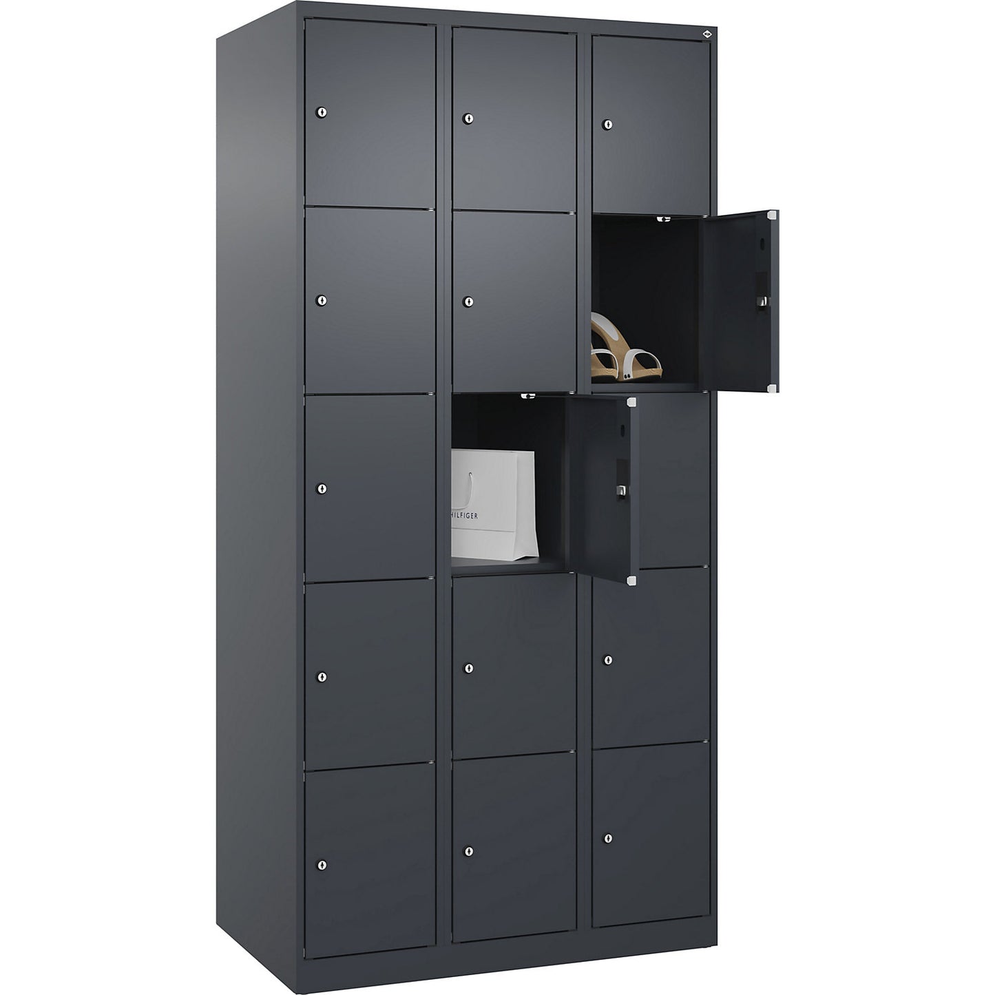 Evolo PLUS 5-fold compartment locker, 3 compartments, grey, W 900 mm, 15 compartments, with floor glides, cylinder lock.