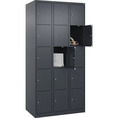 Evolo PLUS 5-fold compartment locker, 3 compartments, grey, W 900 mm, 15 compartments, with floor glides, cylinder lock.