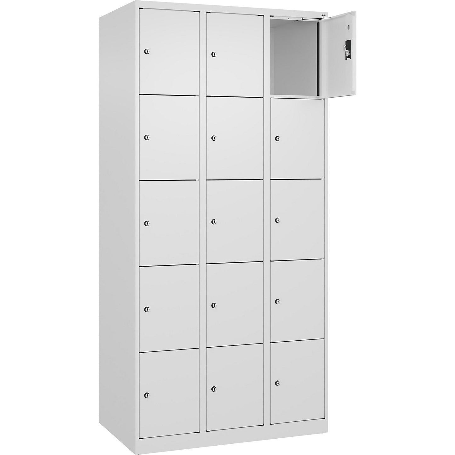 Evolo PLUS 5-fold compartment locker, 3 compartments, white, W 900 mm, 15 compartments, with floor glides, cylinder lock.