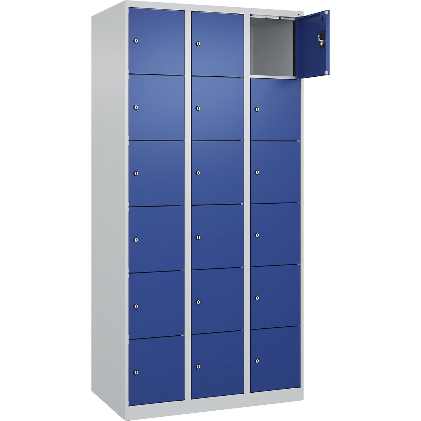Evolo PLUS 6-fold compartment locker, 3 compartments, light grey / gentian blue, W 900 mm, 18 compartments, with floor glides, cylinder lock.