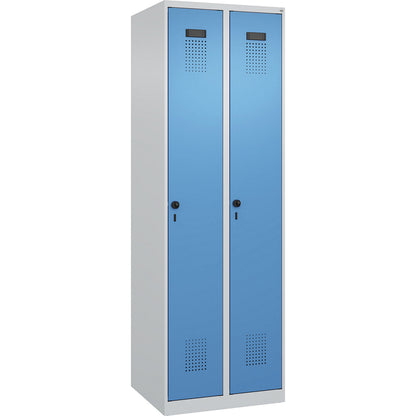 Evolo PLUS clean and dirty clothes locker, narrow, 2 compartments, shortened centre divider, light grey / light blue, W 600 mm, with floor glides, security rotary bolt.