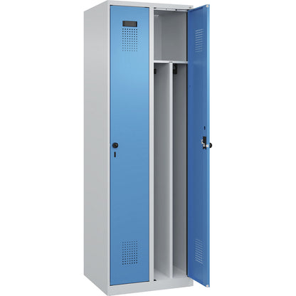Evolo PLUS clean and dirty clothes locker, narrow, 2 compartments, shortened centre divider, light grey / light blue, W 600 mm, with floor glides, security rotary bolt.