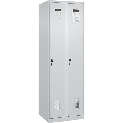 Evolo PLUS clean and dirty clothes locker, narrow, 2 compartments, shortened centre divider, light grey, W 600 mm, with floor glides, security rotary bolt.