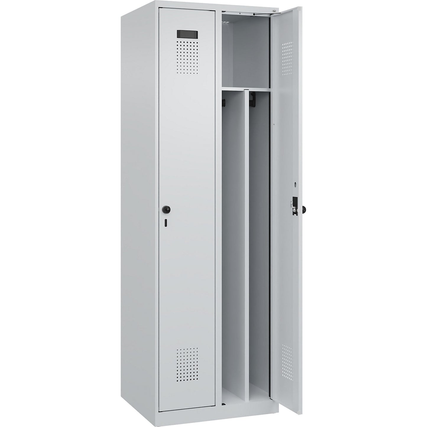 Evolo PLUS clean and dirty clothes locker, narrow, 2 compartments, shortened centre divider, light grey, W 600 mm, with floor glides, security rotary bolt.