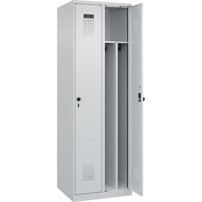 Evolo PLUS clean and dirty clothes locker, narrow, 2 compartments, shortened centre divider, light grey, W 600 mm, with floor glides, security rotary bolt.