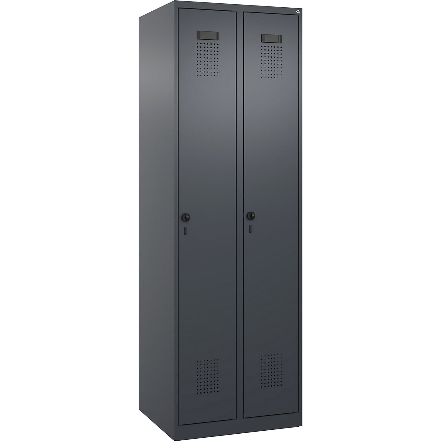 Evolo PLUS clean and dirty clothes locker, narrow, 2 compartments, shortened centre divider, grey, W 600 mm, with floor glides, security rotary bolt.
