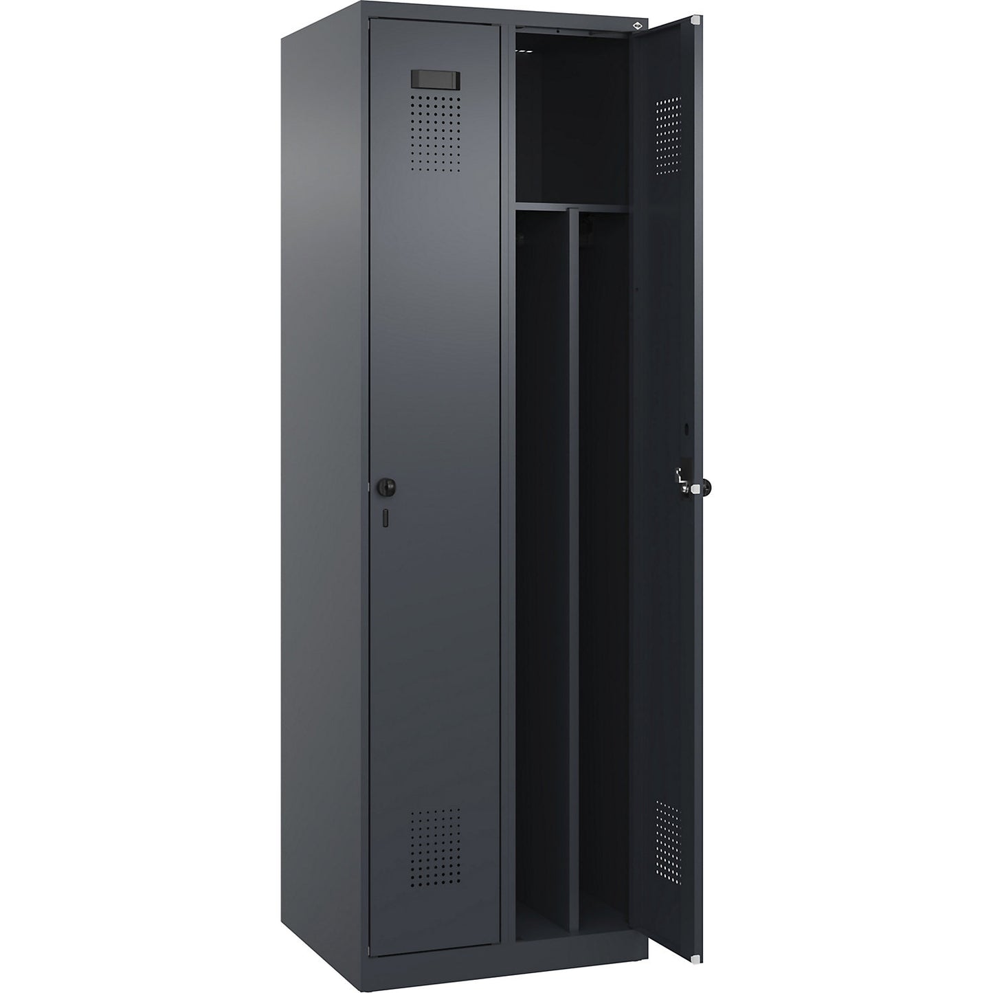 Evolo PLUS clean and dirty clothes locker, narrow, 2 compartments, shortened centre divider, grey, W 600 mm, with floor glides, security rotary bolt.