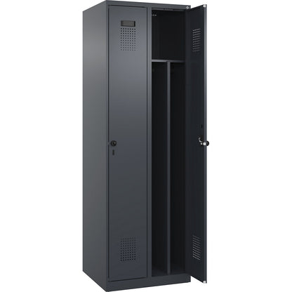 Evolo PLUS clean and dirty clothes locker, narrow, 2 compartments, shortened centre divider, grey, W 600 mm, with floor glides, security rotary bolt.