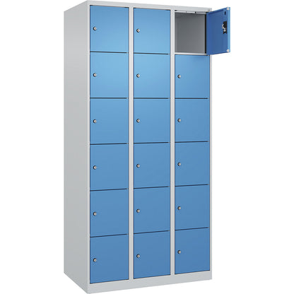 Evolo PLUS 6-fold compartment locker, 3 compartments, light grey / light blue, W 900 mm, 18 compartments, with floor glides, cylinder lock.