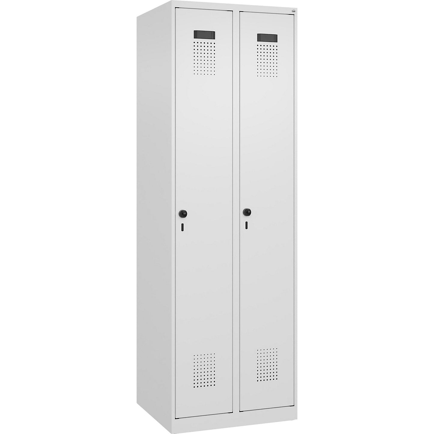 Evolo PLUS clean and dirty clothes locker, narrow, 2 compartments, shortened centre divider, white, W 600 mm, with floor glides, security rotary bolt.
