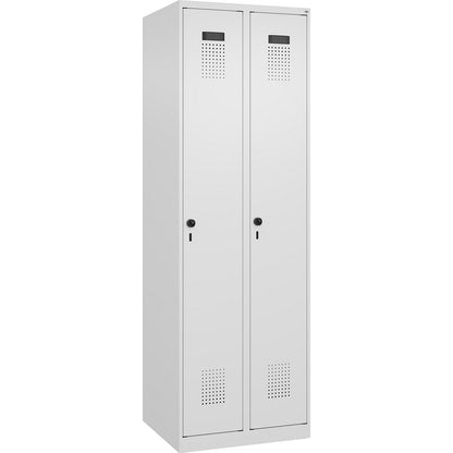 Evolo PLUS clean and dirty clothes locker, narrow, 2 compartments, shortened centre divider, white, W 600 mm, with floor glides, security rotary bolt.