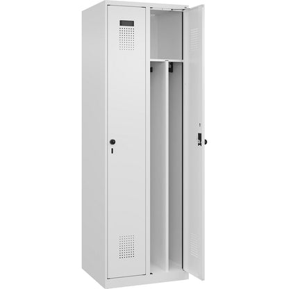 Evolo PLUS clean and dirty clothes locker, narrow, 2 compartments, shortened centre divider, white, W 600 mm, with floor glides, security rotary bolt.