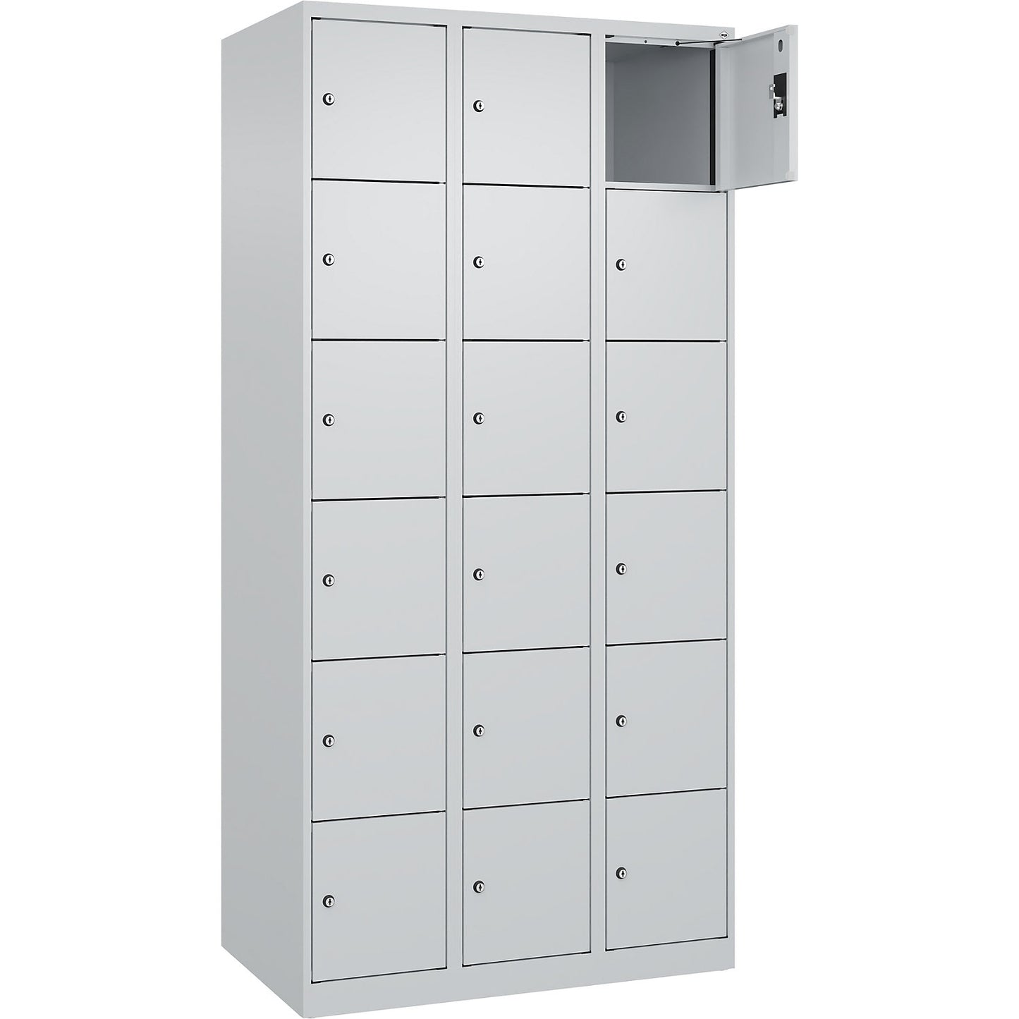 Evolo PLUS 6-fold compartment locker, 3 compartments, light grey, W 900 mm, 18 compartments, with floor glides, cylinder lock.