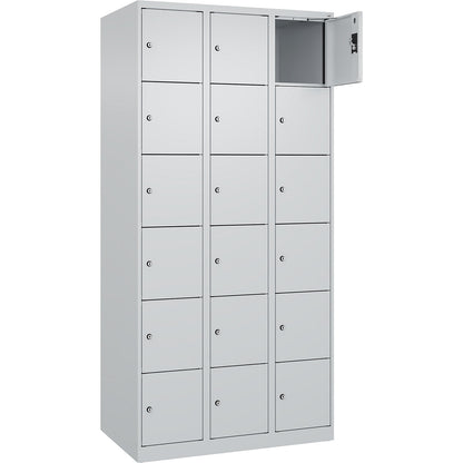 Evolo PLUS 6-fold compartment locker, 3 compartments, light grey, W 900 mm, 18 compartments, with floor glides, cylinder lock.