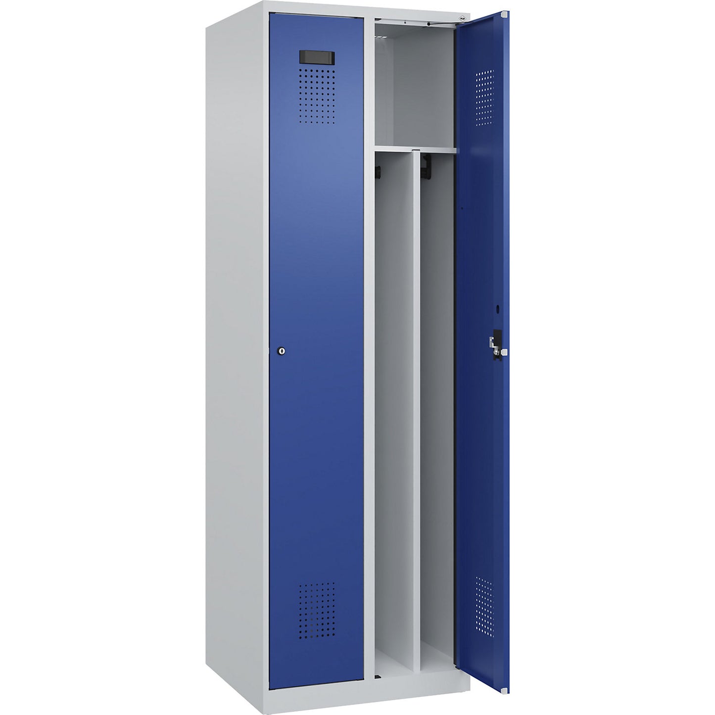 Evolo PLUS clean and dirty clothes locker, narrow, 2 compartments, shortened centre divider, light grey / gentian blue, W 600 mm, with floor glides, cylinder lock.