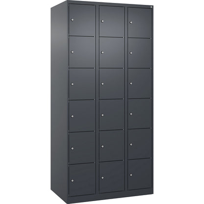Evolo PLUS 6-fold compartment locker, 3 compartments, grey, W 900 mm, 18 compartments, with floor glides, cylinder lock.
