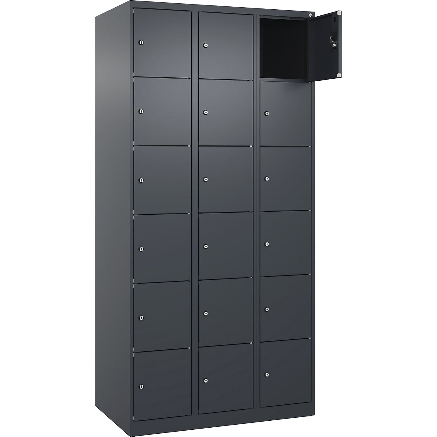 Evolo PLUS 6-fold compartment locker, 3 compartments, grey, W 900 mm, 18 compartments, with floor glides, cylinder lock.