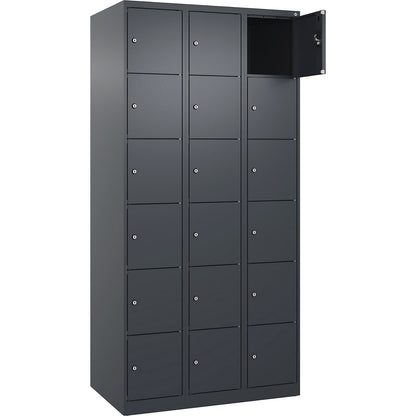 Evolo PLUS 6-fold compartment locker, 3 compartments, grey, W 900 mm, 18 compartments, with floor glides, cylinder lock.