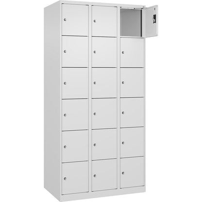 Evolo PLUS 6-fold compartment locker, 3 compartments, white, W 900 mm, 18 compartments, with floor glides, cylinder lock.