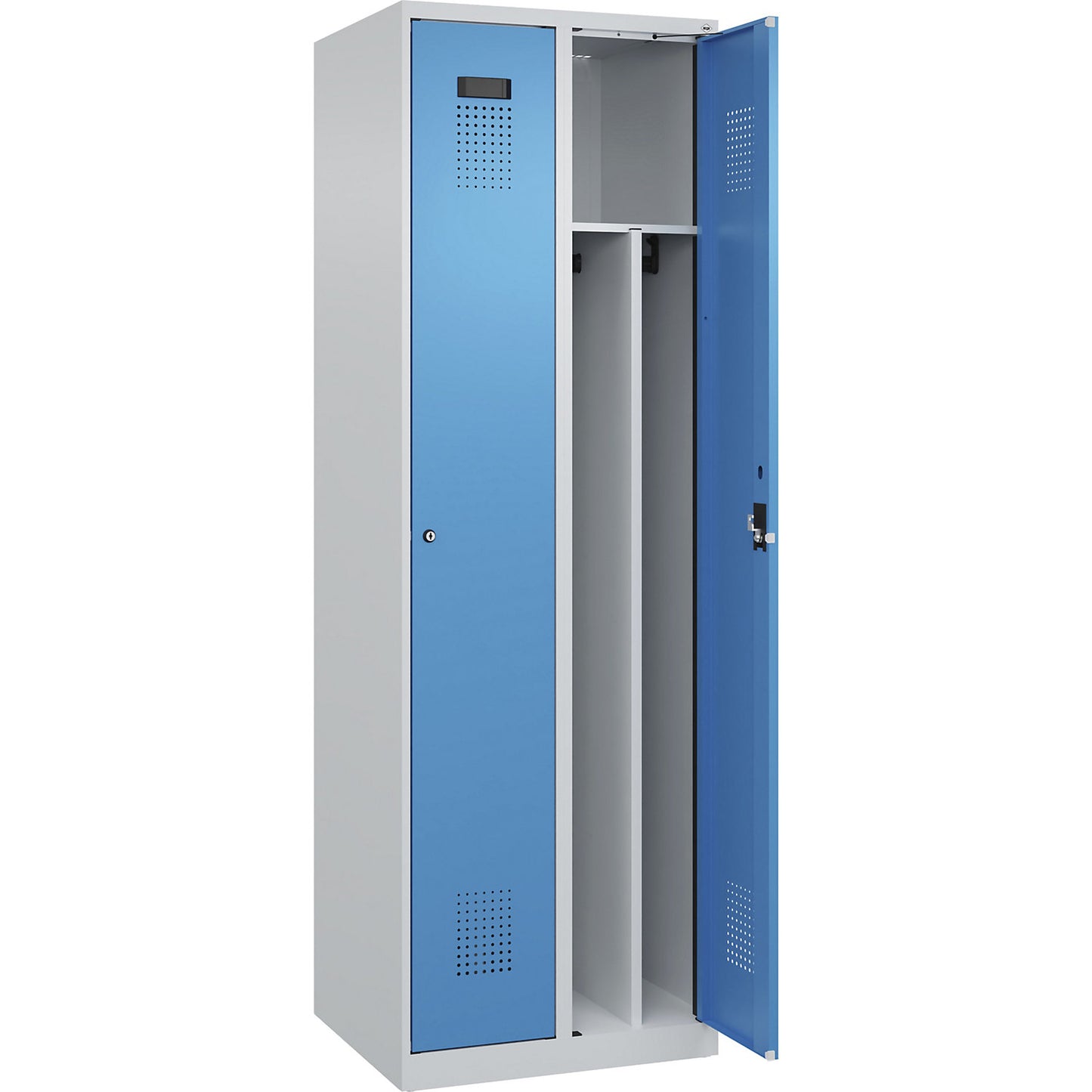 Evolo PLUS clean and dirty clothes locker, narrow, 2 compartments, shortened centre divider, light grey / light blue, W 600 mm, with floor glides, cylinder lock.