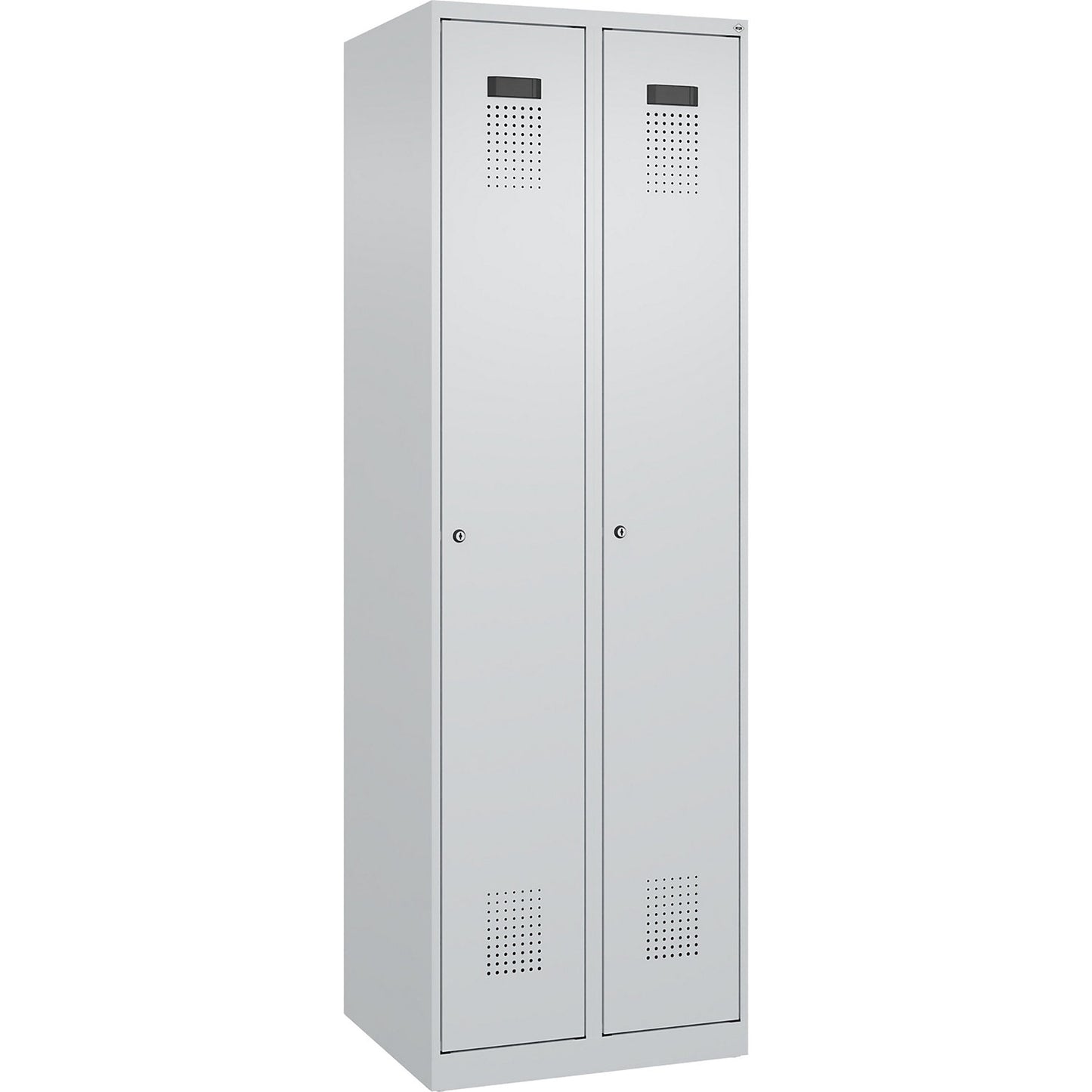 Evolo PLUS clean and dirty clothes locker, narrow, 2 compartments, shortened centre divider, light grey, W 600 mm, with floor glides, cylinder lock.
