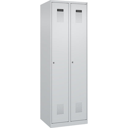 Evolo PLUS clean and dirty clothes locker, narrow, 2 compartments, shortened centre divider, light grey, W 600 mm, with floor glides, cylinder lock.